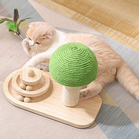HKM-6865853 Cat Mushroom Scratching Post with Rotating Wooden Balls and Sisal Rope for Interactive Play and Climbing