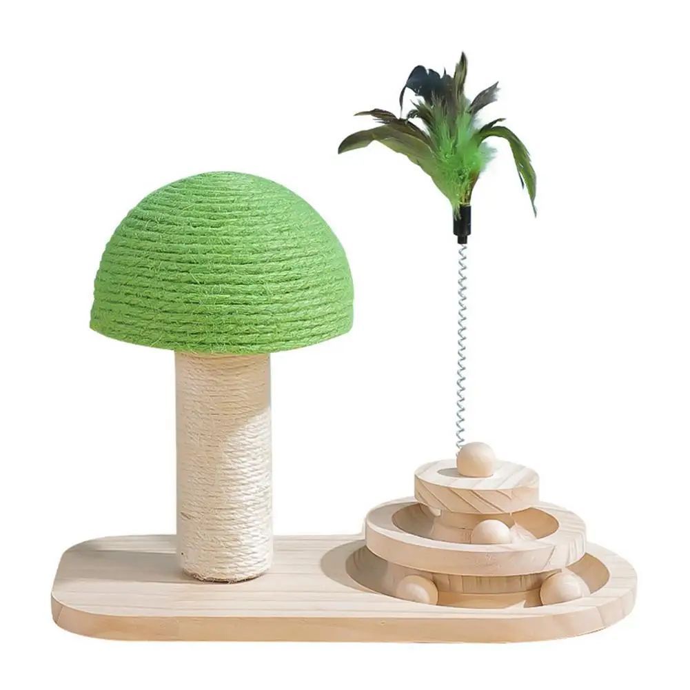 HKM-6865853 Cat Mushroom Scratching Post with Rotating Wooden Balls and Sisal Rope for Interactive Play and Climbing