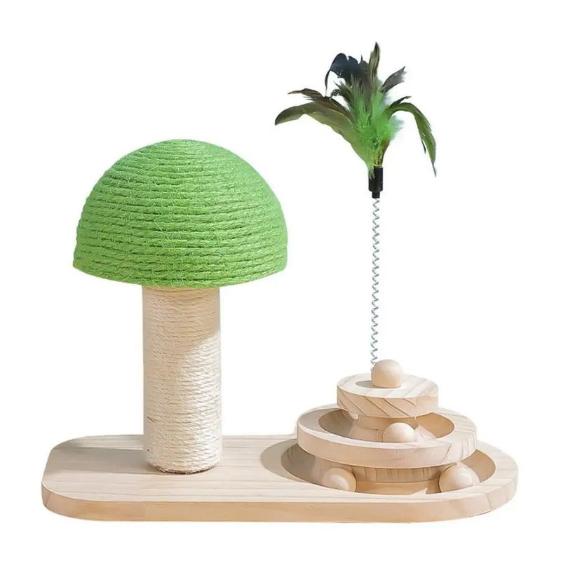 HKM-6865853 Cat Mushroom Scratching Post with Rotating Wooden Balls and Sisal Rope for Interactive Play and Climbing