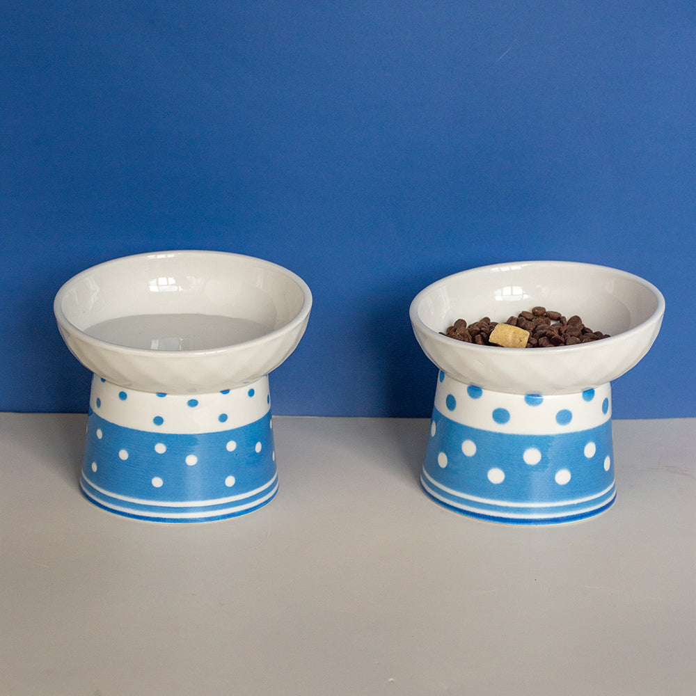 HKM-6870973 Tall Ceramic Polka Dot Cat Bowl Set - Blue and Pink Design, 2-Pack