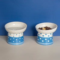 HKM-6870973 Tall Ceramic Polka Dot Cat Bowl Set - Blue and Pink Design, 2-Pack