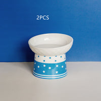 HKM-6870973 Tall Ceramic Polka Dot Cat Bowl Set - Blue and Pink Design, 2-Pack