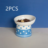 HKM-6870973 Tall Ceramic Polka Dot Cat Bowl Set - Blue and Pink Design, 2-Pack