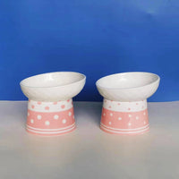 HKM-6870973 Tall Ceramic Polka Dot Cat Bowl Set - Blue and Pink Design, 2-Pack
