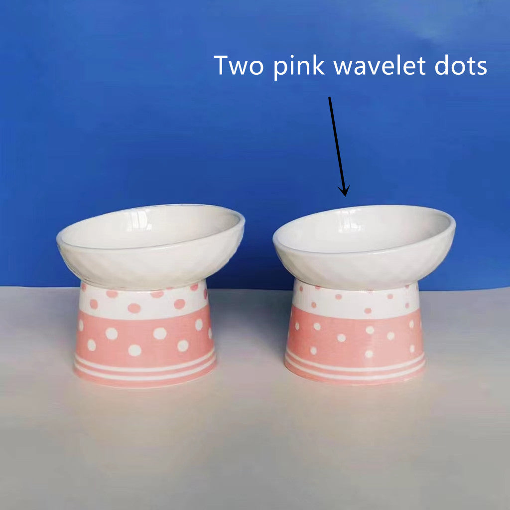 HKM-6870973 Tall Ceramic Polka Dot Cat Bowl Set - Blue and Pink Design, 2-Pack