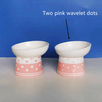 HKM-6870973 Tall Ceramic Polka Dot Cat Bowl Set - Blue and Pink Design, 2-Pack