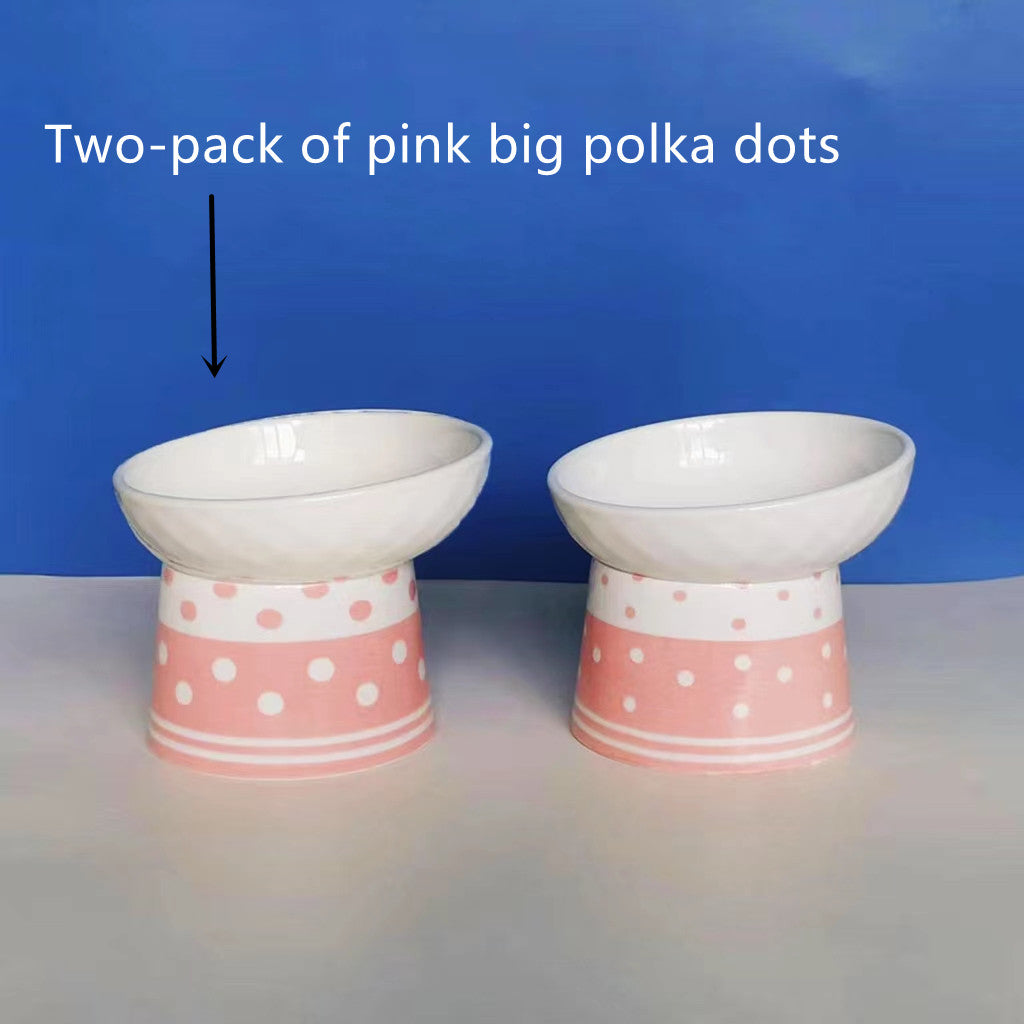 HKM-6870973 Tall Ceramic Polka Dot Cat Bowl Set - Blue and Pink Design, 2-Pack