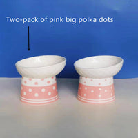 HKM-6870973 Tall Ceramic Polka Dot Cat Bowl Set - Blue and Pink Design, 2-Pack
