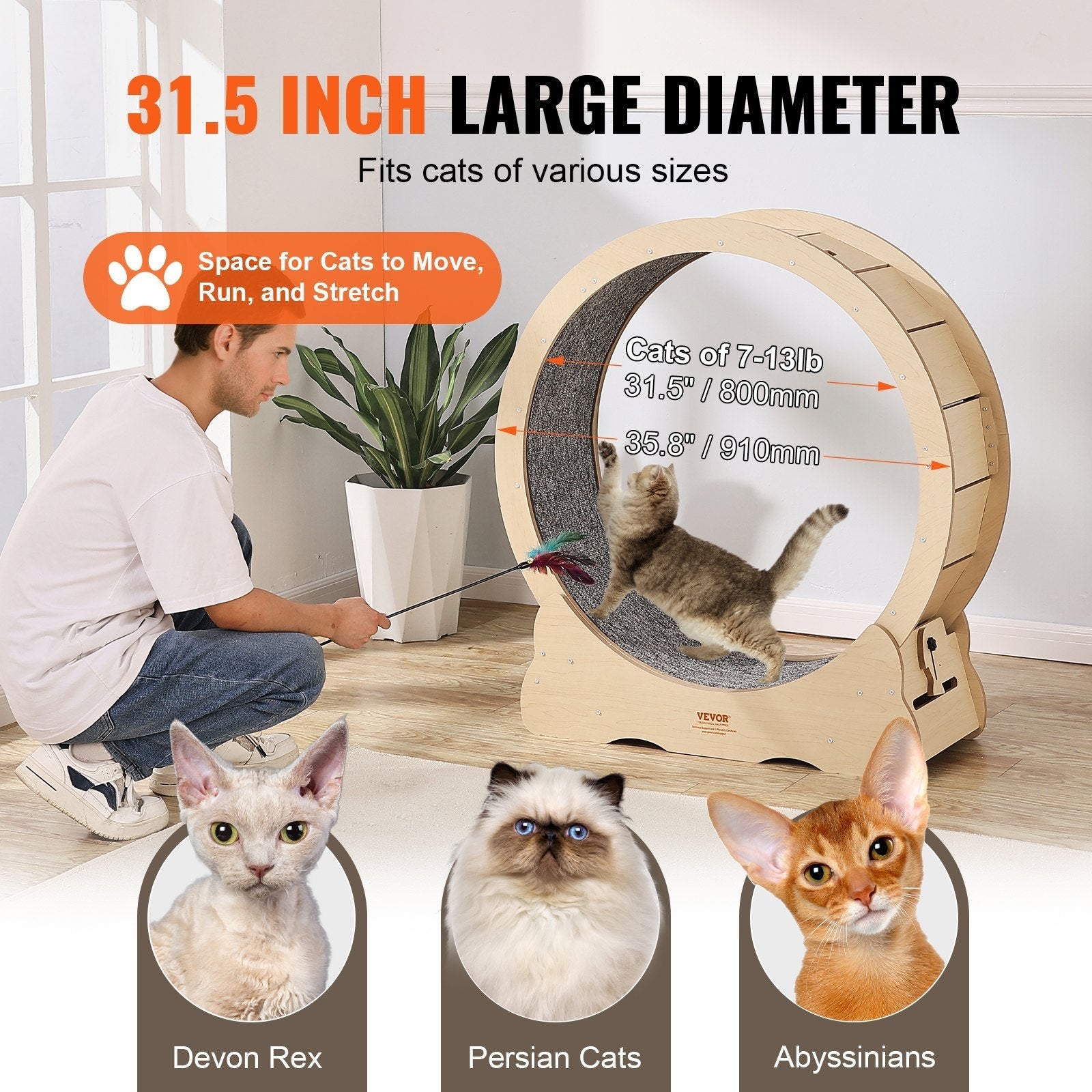 HKM-6871613 Large Cat Exercise Wheel for Indoor Use - Solid Wood Design, Quiet Operation, Supports Cats Up to 13 lbs