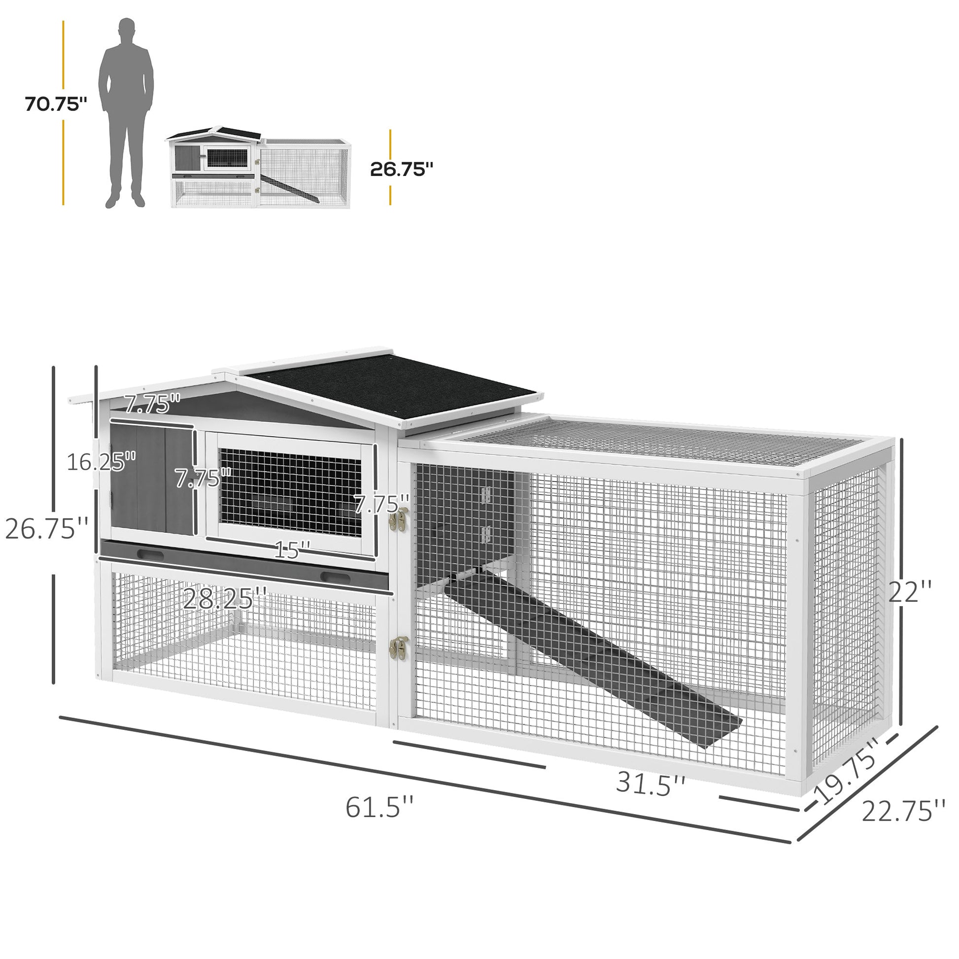HKM-6880189 2-Story Large Rabbit Hutch with Removable Tray, Waterproof Roof, and Detachable Run for Small Animals