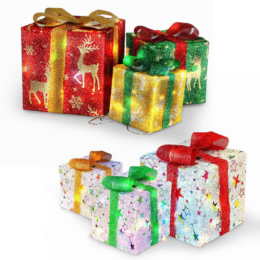 HKM-688211 Set of 3 Christmas Lighted Gift Boxes with 50 LED Lights, Waterproof, Battery Powered, Remote Control, 8 Lighting Modes for Indoor and Outdoor Decor