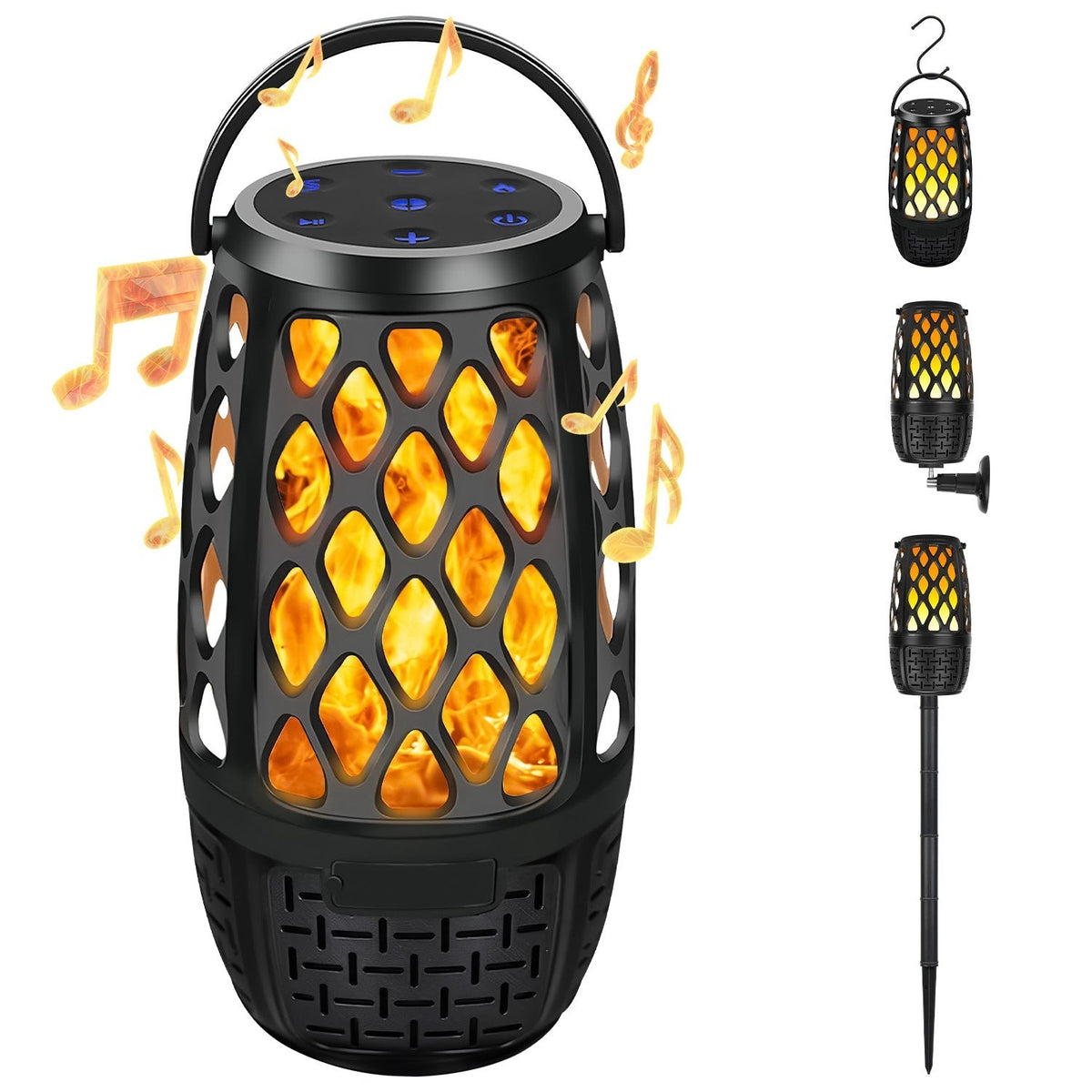 HKM-688275 4 in 1 Outdoor Wireless Speaker with LED Flame Light, IPX5 Waterproof, 2000mAh Battery, Sync with Up to 100 Speakers