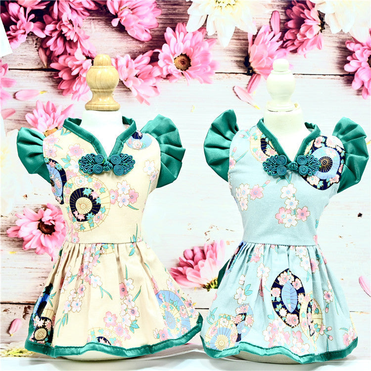 HKM-6883901 Retro Chinese Style Pet Dress for Dogs - Summer Skirt in Oil Paper Umbrella Green and Beige, Available in Sizes S to XXL