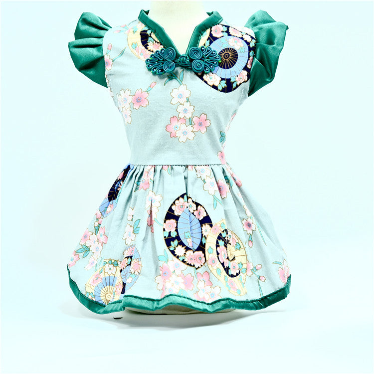 HKM-6883901 Retro Chinese Style Pet Dress for Dogs - Summer Skirt in Oil Paper Umbrella Green and Beige, Available in Sizes S to XXL