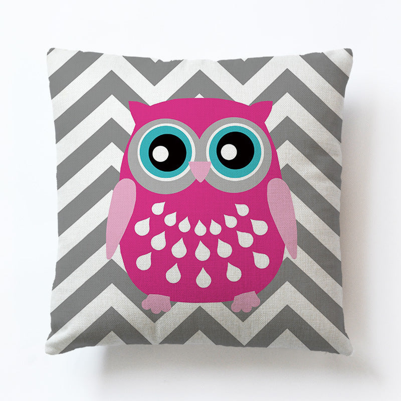 HKM-688467 Cute Cartoon Owl Geometric Linen Sofa Pillowcase – 45x45cm, PP Cotton Filling