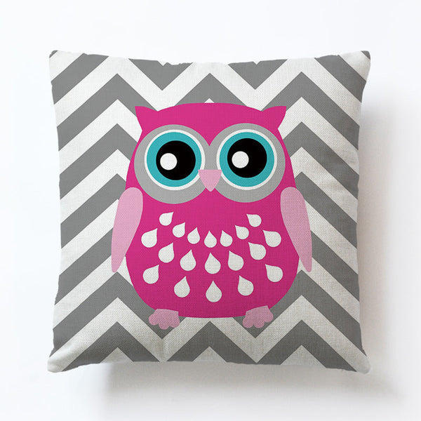 HKM-688467 Cute Cartoon Owl Geometric Linen Sofa Pillowcase – 45x45cm, PP Cotton Filling
