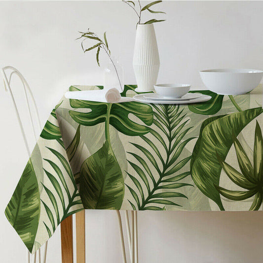 HKM-688915 Norse Style Green Plant Leaf Linen Tablecloth - Multiple Sizes Available
