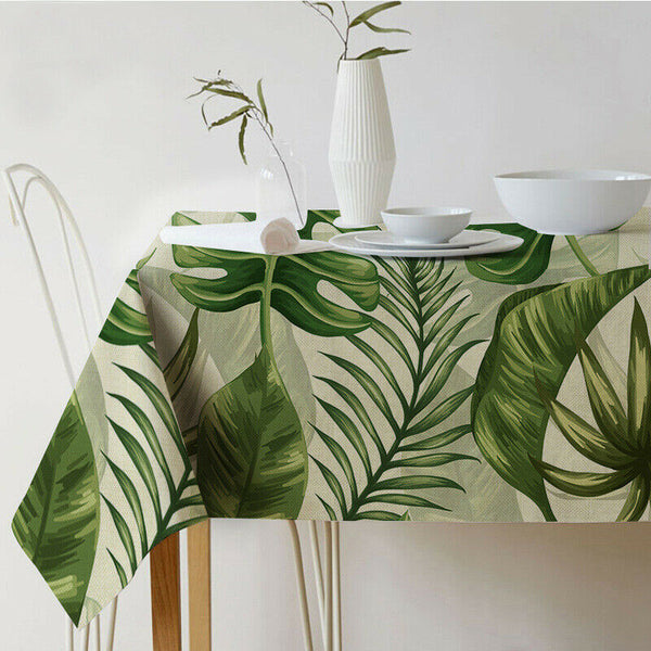 HKM-688915 Norse Style Green Plant Leaf Linen Tablecloth - Multiple Sizes Available