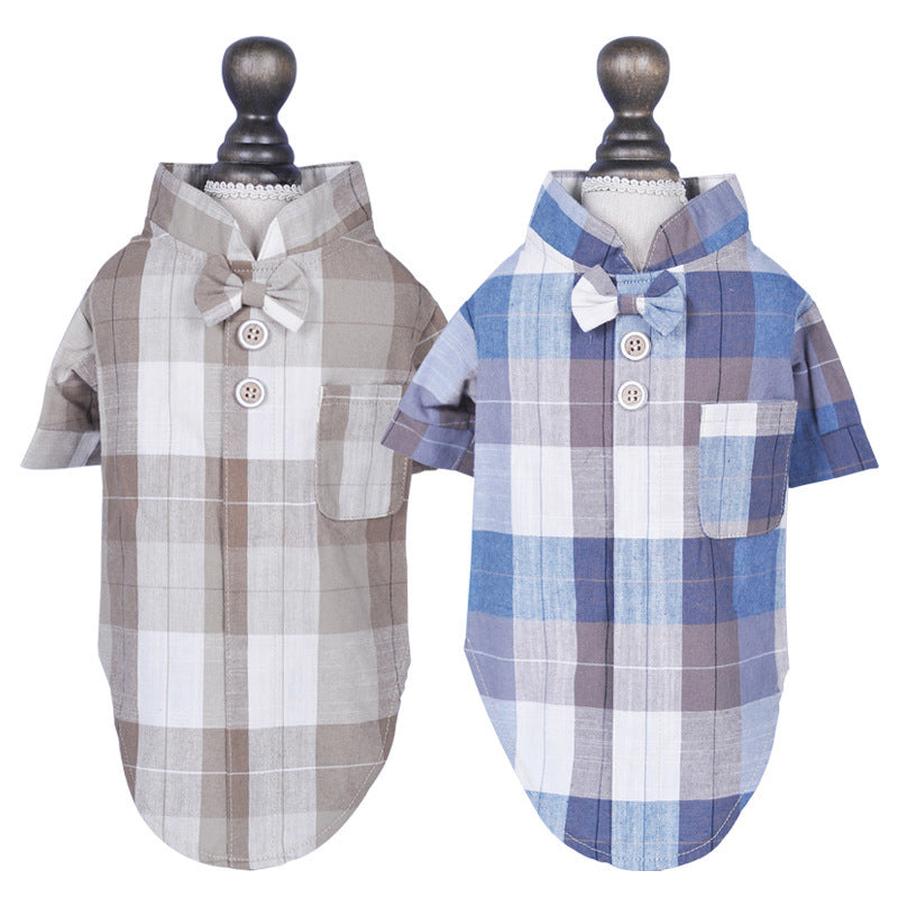 HKM-689299 Stylish Casual Pet Shirt with Bow Tie Stand Collar - Cotton Fabric in Blue and Brown