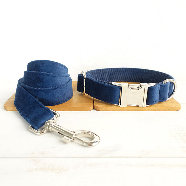 HKM-6893885 Navy Blue Velvet Bowknot Pet Collar with Leash for Small to Large Dogs