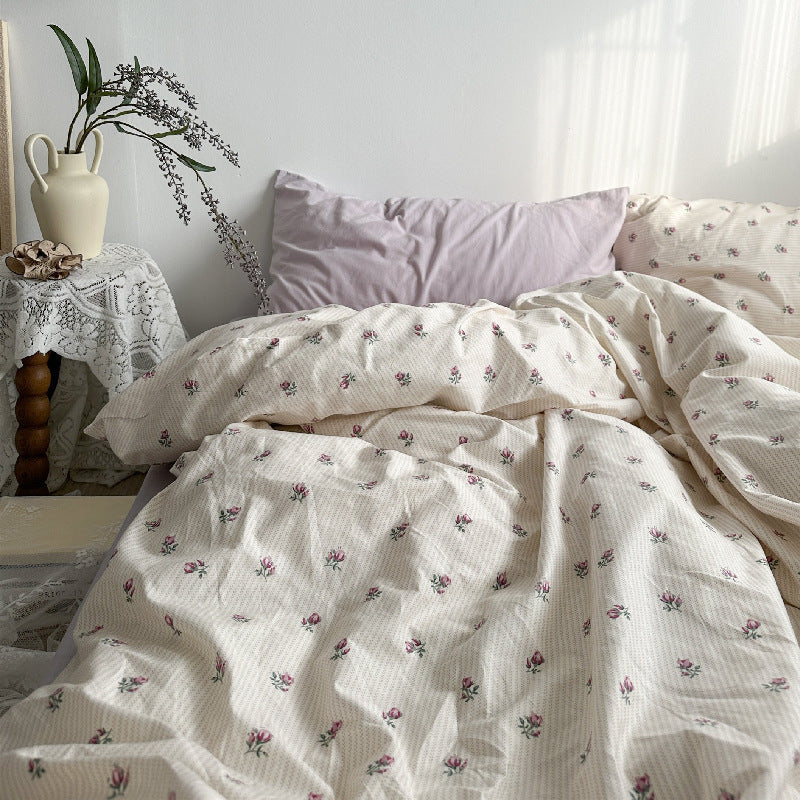 HKM-689555 Cotton Four-Piece Bedding Set with Bed Sheet, Quilt Cover, and Pillow Cases