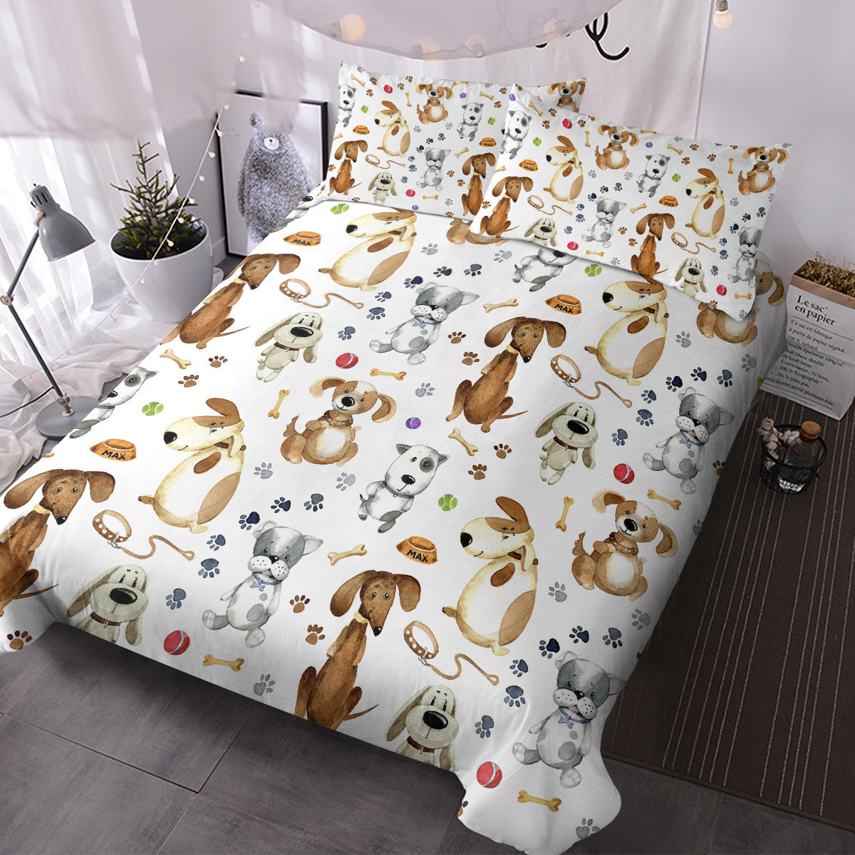 HKM-689555 Kids' Pastel Animal Duvet Cover Set with Dog Paws Pattern - 3 Pieces, Soft Microfiber, Machine Washable