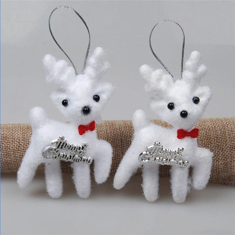 HKM-689683 Christmas White Fawn Plastic Flannel Ornament Pendant - 11cm, Set of 2