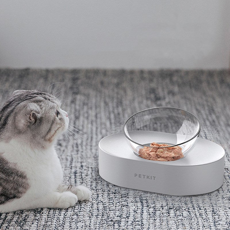 HKM-6897981 Adjustable Oblique Mouth Double Bowl Cat Feeding Station with Plastic and Stainless Steel Materials