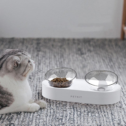 HKM-6897981 Adjustable Oblique Mouth Double Bowl Cat Feeding Station with Plastic and Stainless Steel Materials