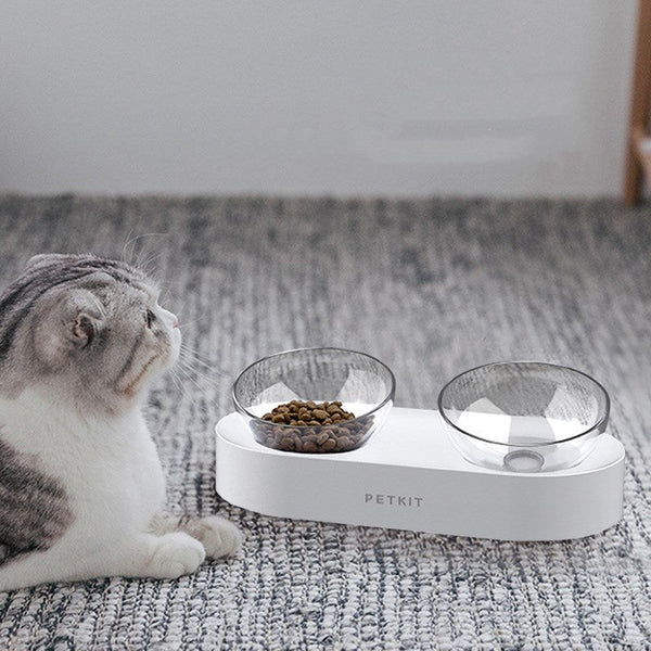 HKM-6897981 Adjustable Oblique Mouth Double Bowl Cat Feeding Station with Plastic and Stainless Steel Materials