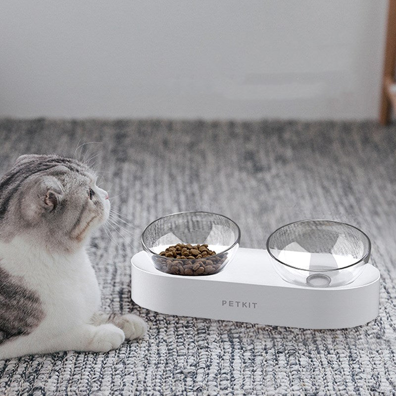 HKM-6897981 Adjustable Oblique Mouth Double Bowl Cat Feeding Station with Plastic and Stainless Steel Materials