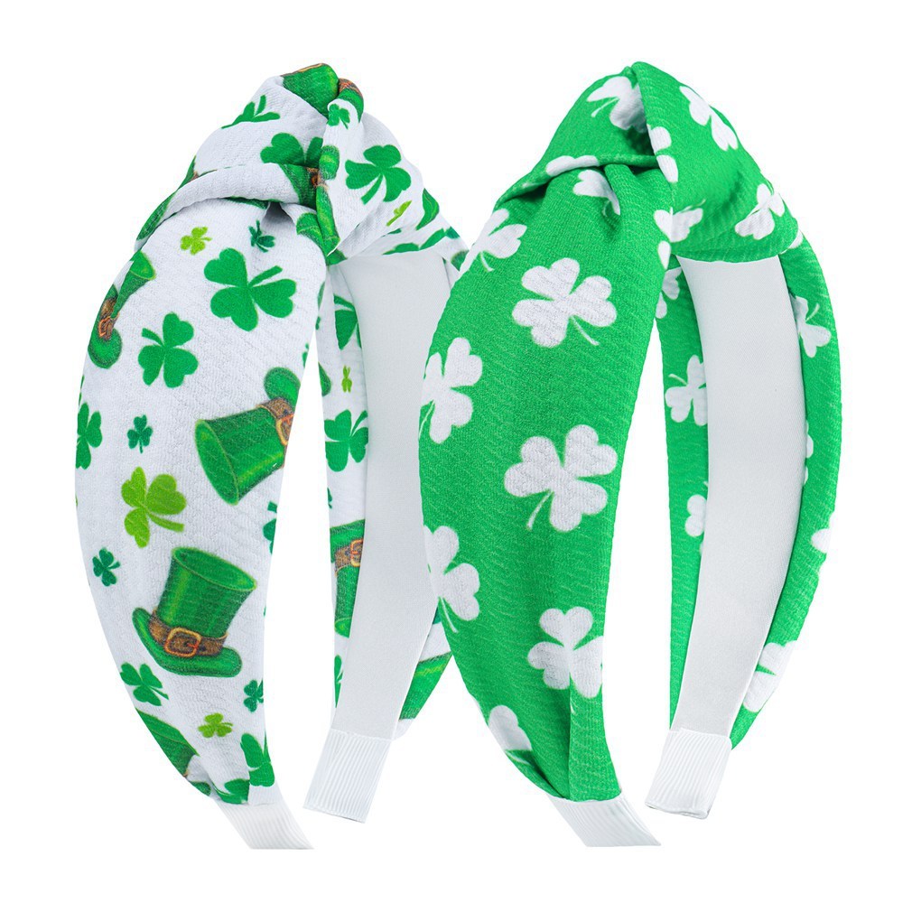 HKM-689811 St. Patrick's Day Clover Seersucker Knotted Hair Hoop for Women