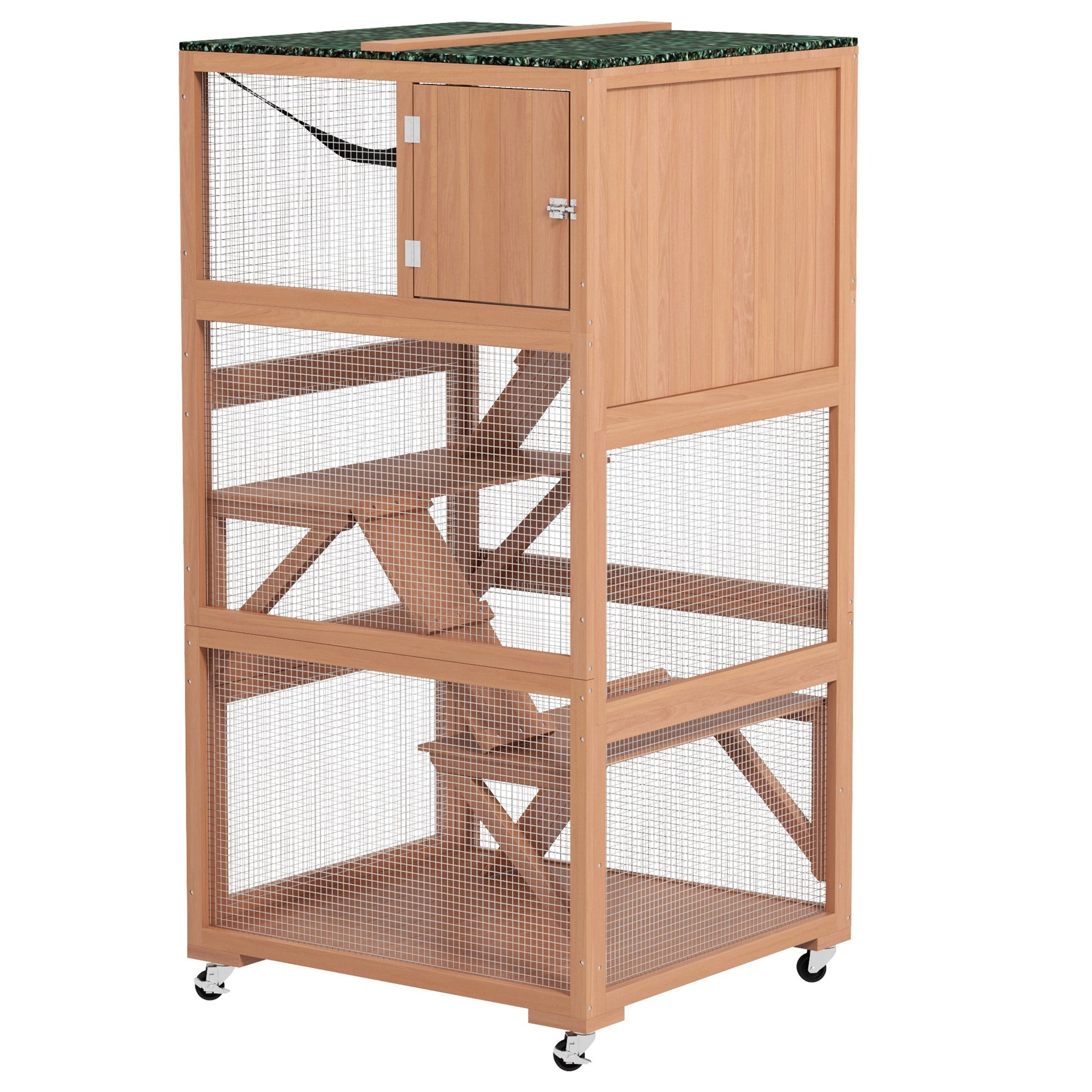 HKM-6901821 Outdoor Cat Enclosure with Wheels, Hammock and Sleeping Box, Orange and Green