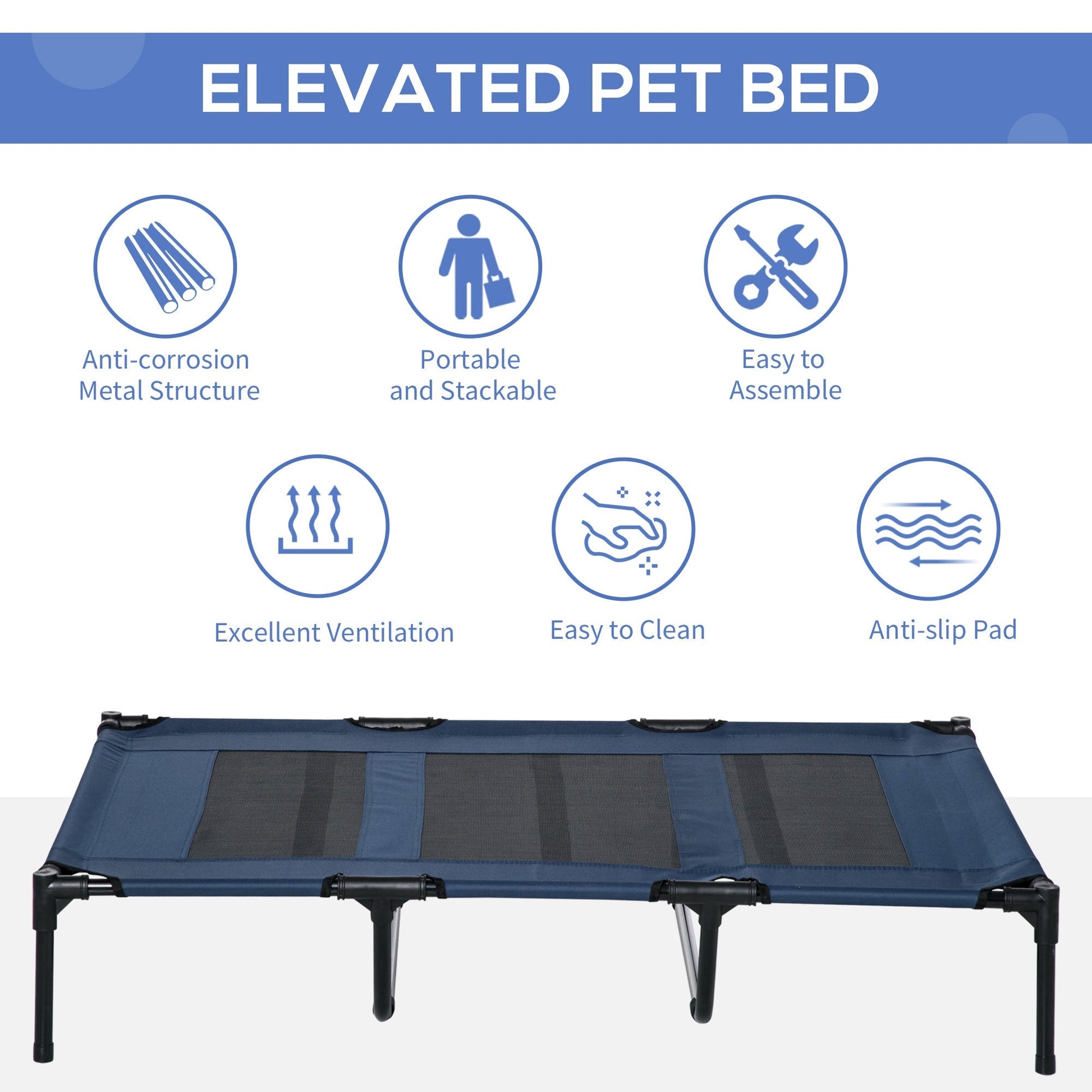 HKM-6902205 Elevated Dark Blue Dog Bed with Carry Bag for Indoor and Outdoor Use, Fits XXL Dogs Up to 110 lbs