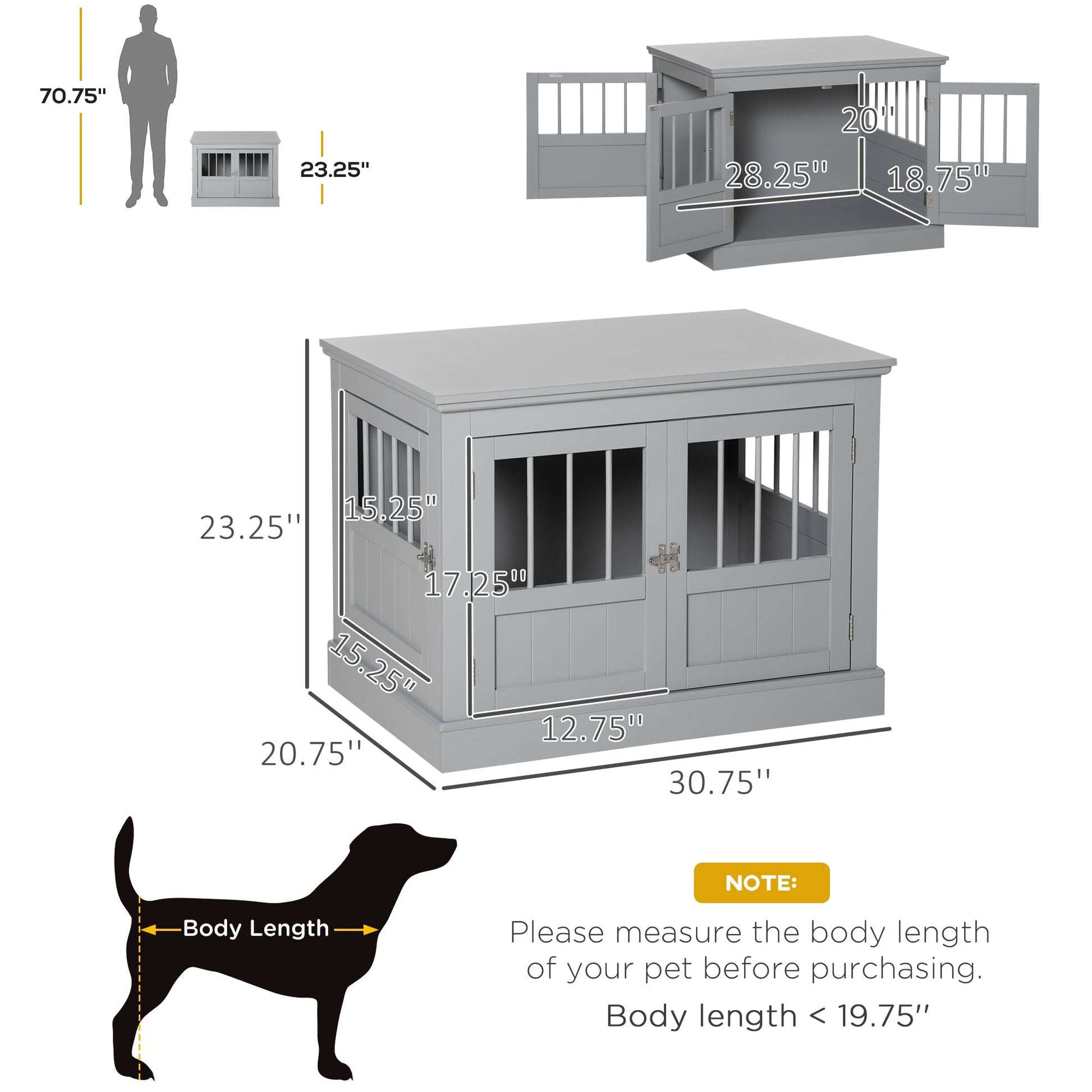 HKM-6907197 Dog Crate Table with French Doors and Magnetic Closure for Small Pets - Dark Gray