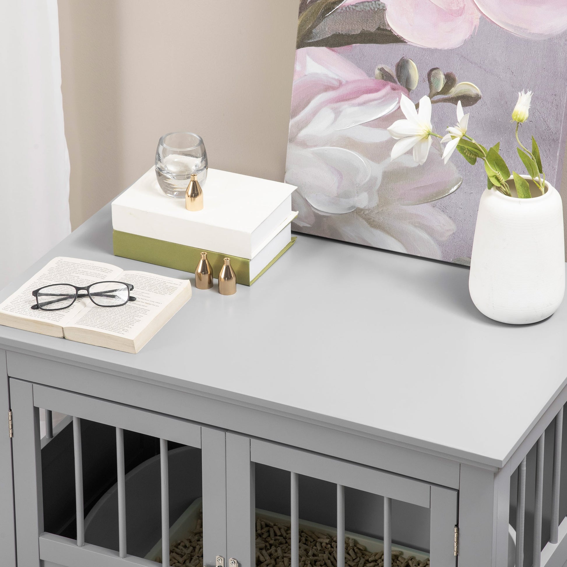HKM-6907197 Dog Crate Table with French Doors and Magnetic Closure for Small Pets - Dark Gray