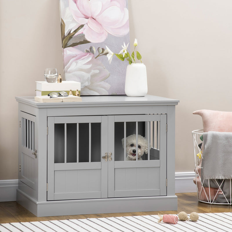 HKM-6907197 Dog Crate Table with French Doors and Magnetic Closure for Small Pets - Dark Gray