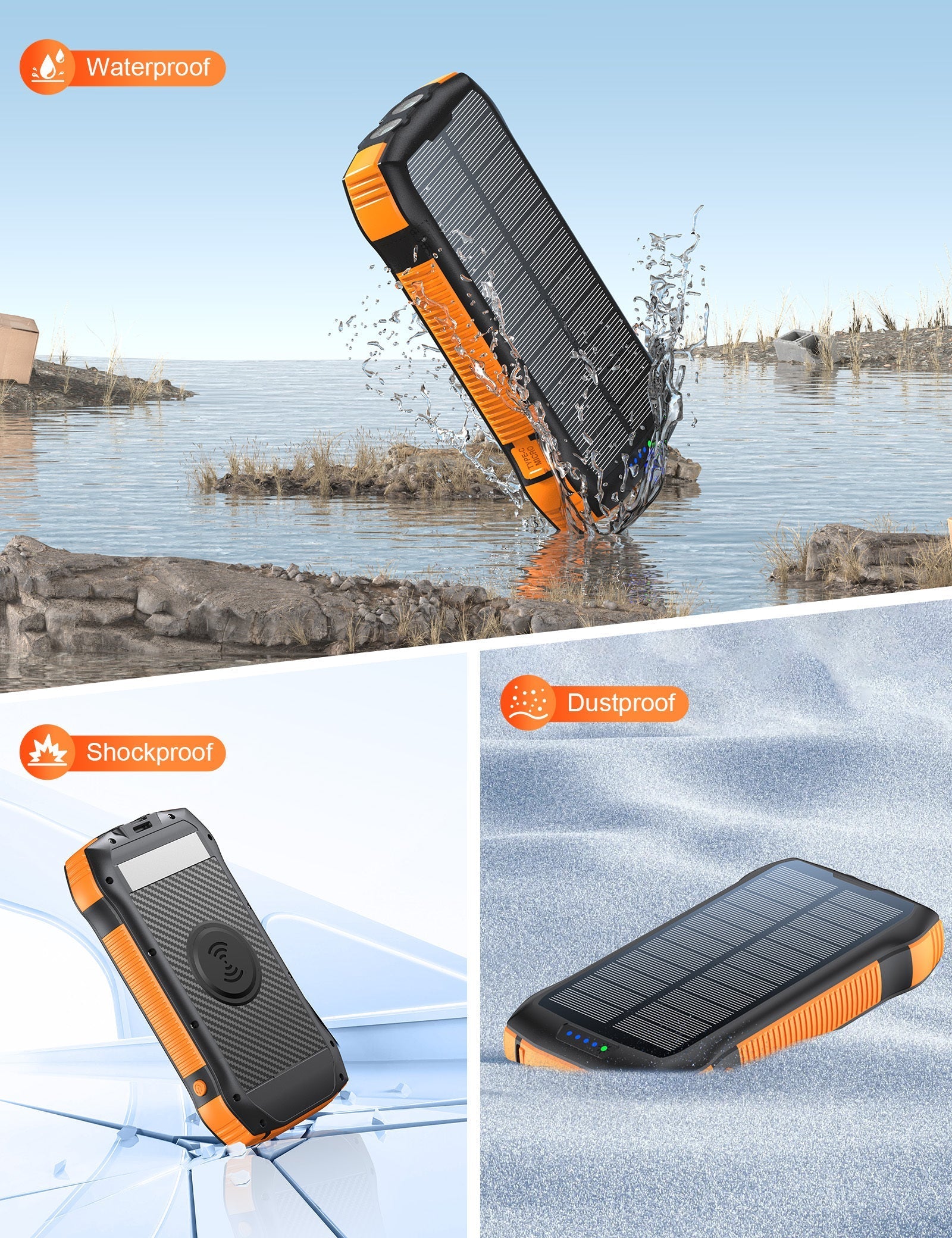 HKM-690771 20000mAh Solar Power Bank with IP67 Waterproof, High-speed Wireless Charging & Dual USB C Output