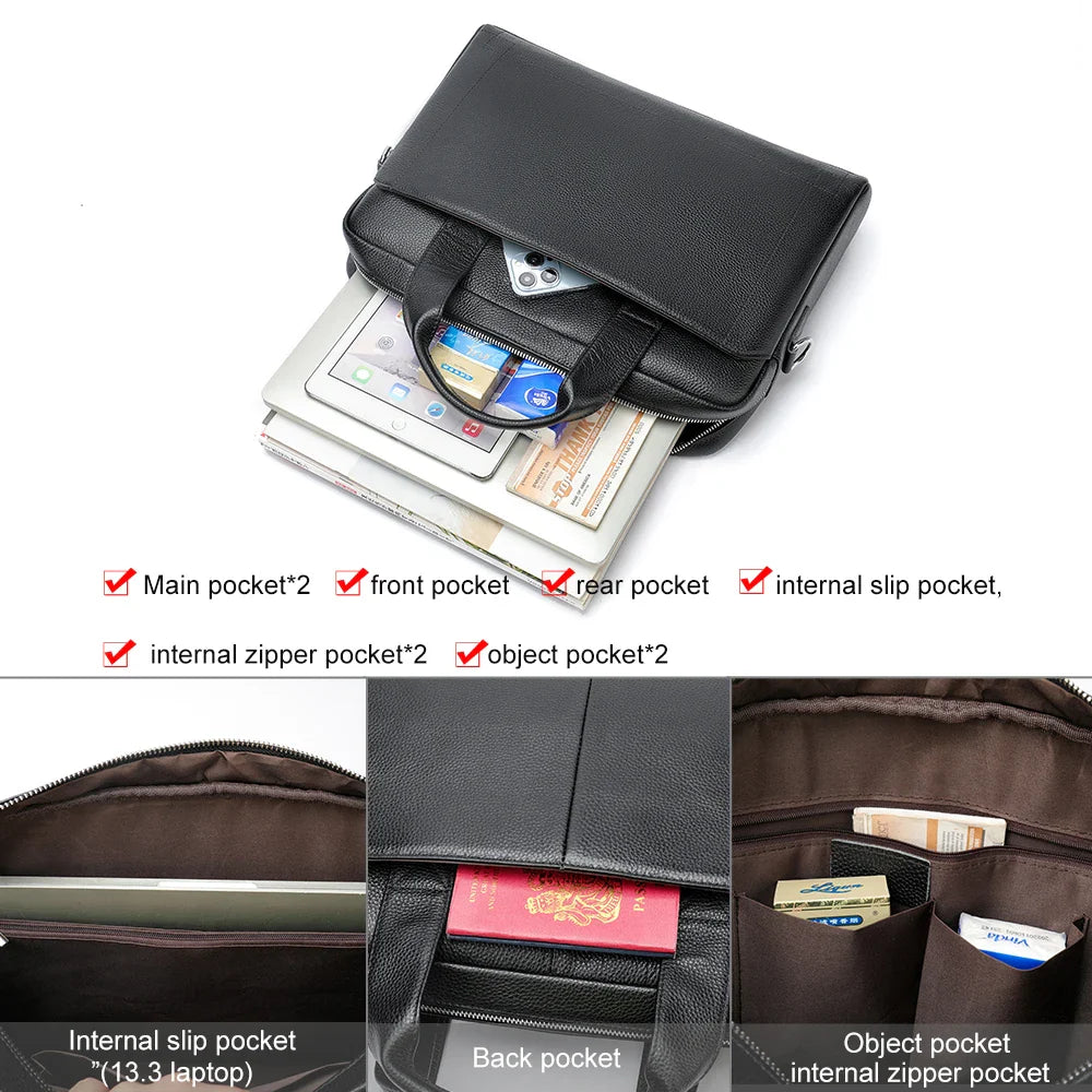 HKM-690771 Men's Genuine Leather Business Executive Laptop Bag - Versatile Briefcase for Office and Documents
