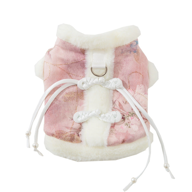 HKM-6908093 Elegant Chinese-Style Fleece Vest for Small to Medium Pets - Warm Floral Design for Autumn & Winter Celebrations