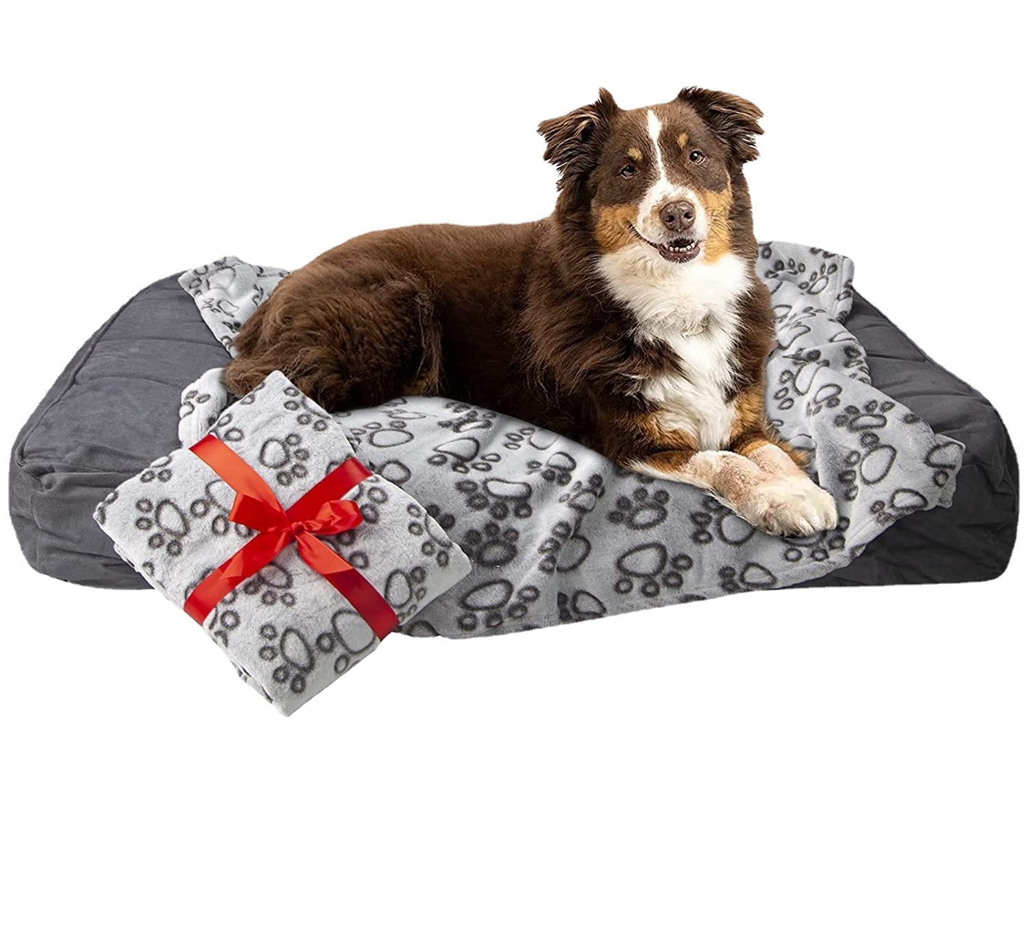HKM-6915901 Cozy Flannel Pet Blanket with Gray Cut Flower Footprints