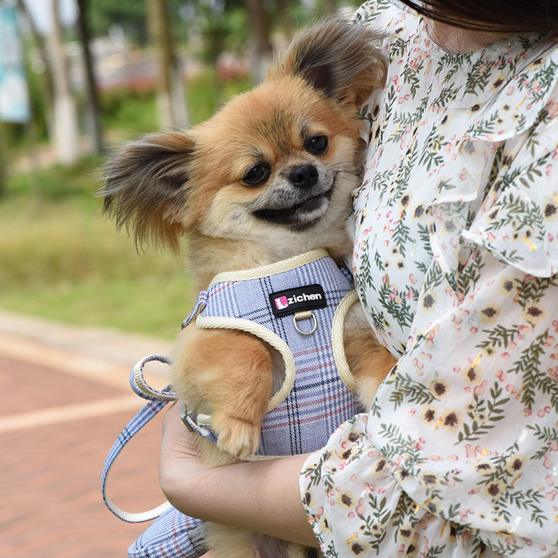 HKM-6918845 Sky Blue Checkered Chest Harness with Convenient Buckle Design for Pets