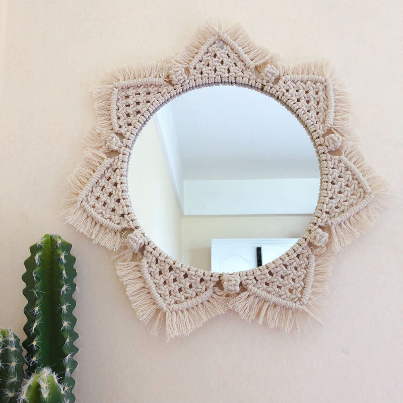 HKM-692371 Handmade Sunflower Heart Mirror Tapestry in Natural Cotton - Decorative, Functional, and Stylish Home Accessory