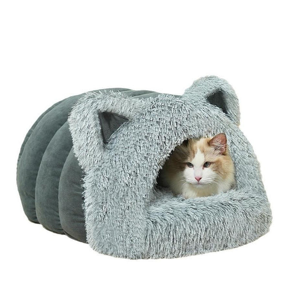 HKM-692371 Plush Cat and Dog Bed with Cat Ears, Thick Warm Design for Kittens and Puppies
