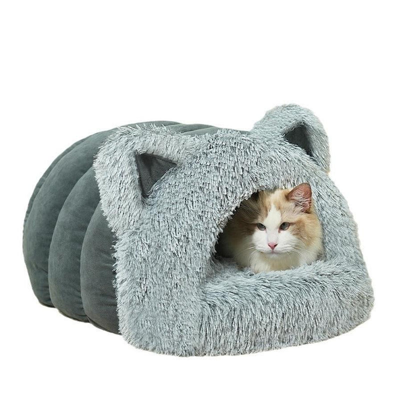 HKM-692371 Plush Cat and Dog Bed with Cat Ears, Thick Warm Design for Kittens and Puppies