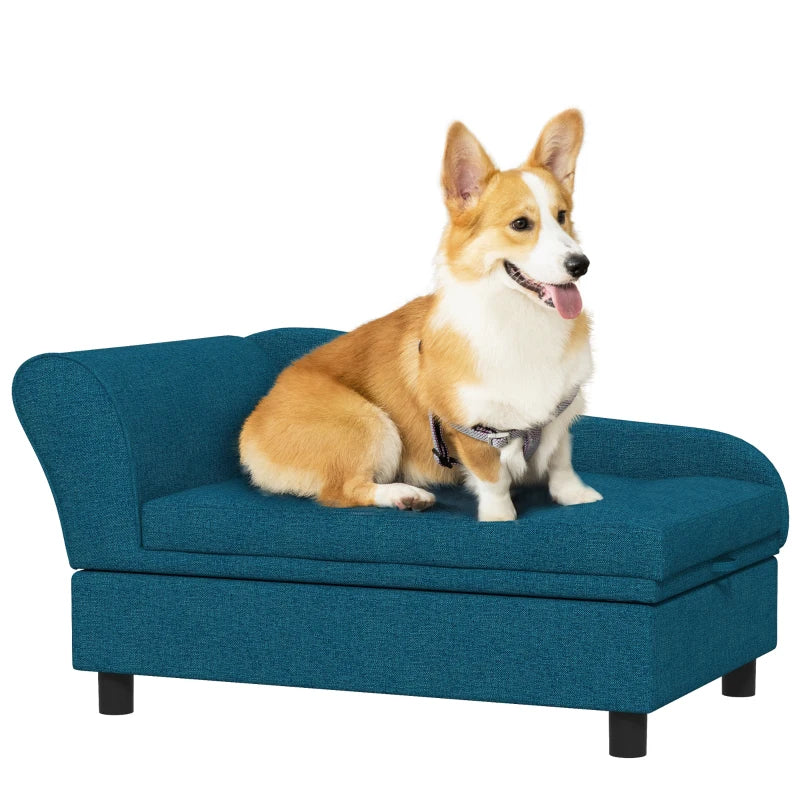 HKM-6926269 Cozy Dark Blue Pet Sofa with Storage for Small Dogs - Tufted Cushion and Armrests