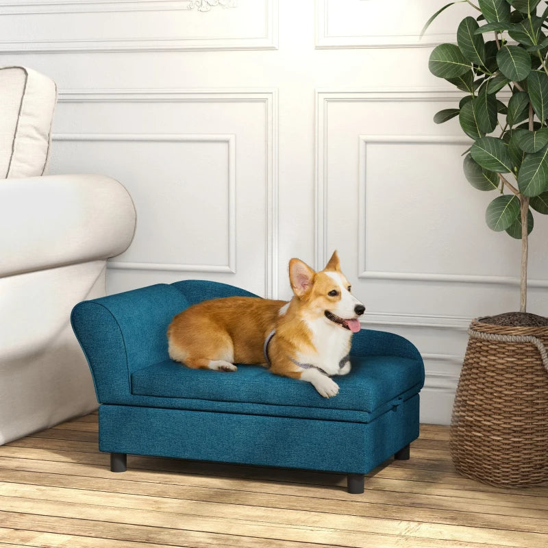 HKM-6926269 Cozy Dark Blue Pet Sofa with Storage for Small Dogs - Tufted Cushion and Armrests