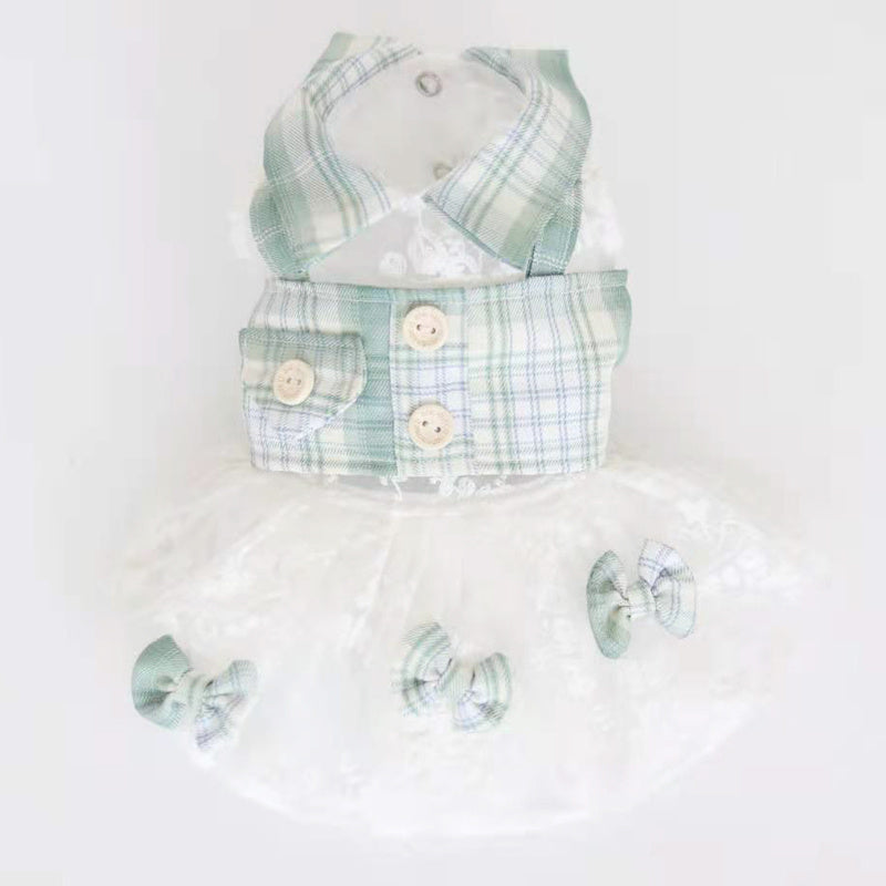 HKM-692947 Mint Green Small Plaid Two-Piece Dress for Dogs