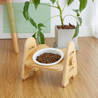 HKM-6930749 Ergonomic Wooden Cat Bowl with Ceramic Double Bowls for Comfortable Feeding