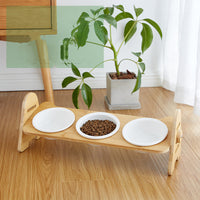 HKM-6930749 Ergonomic Wooden Cat Bowl with Ceramic Double Bowls for Comfortable Feeding